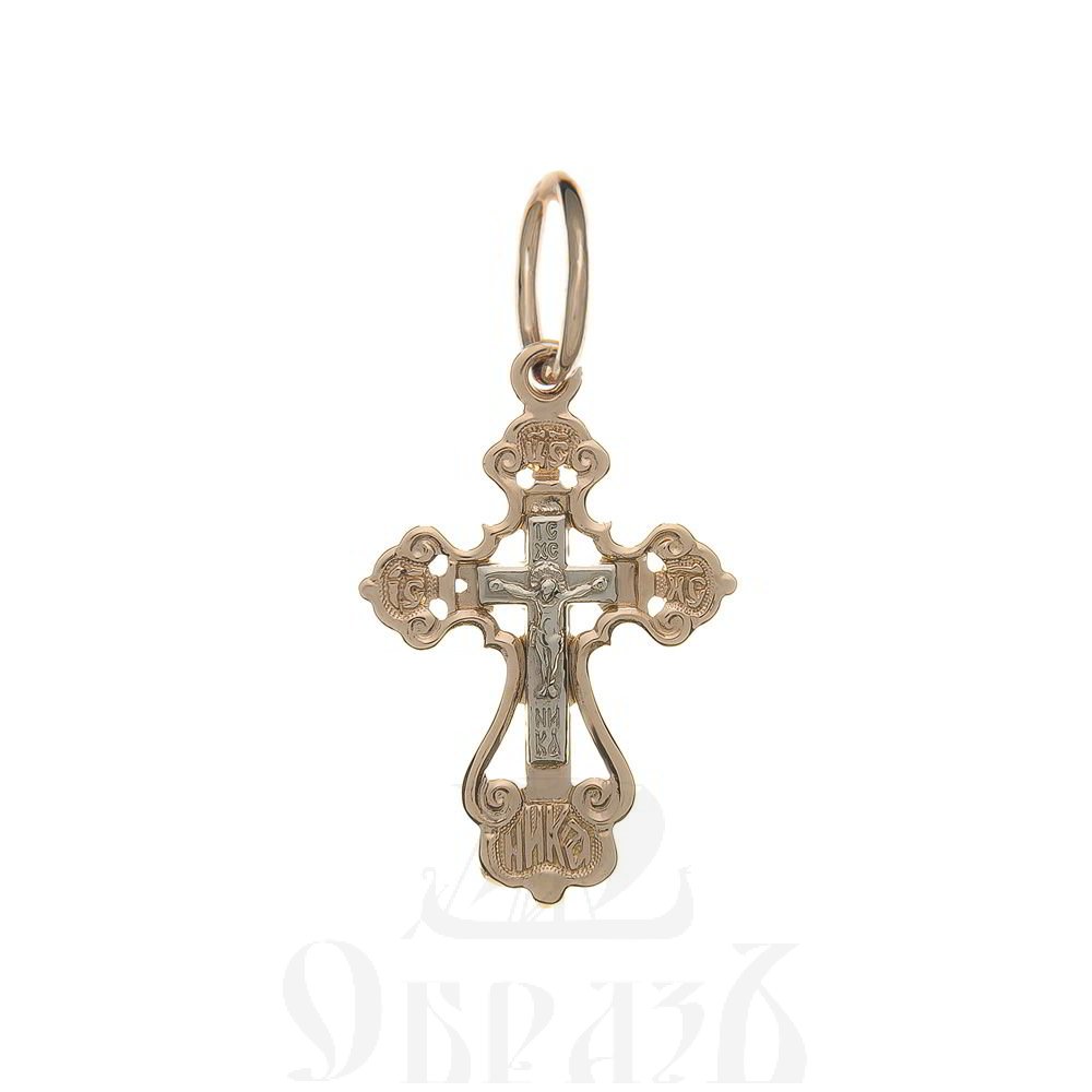 золотой крест трилистник с молитвой "спаси и сохрани", 585 проба красного и белого цвета (арт. п10129-з5кб)